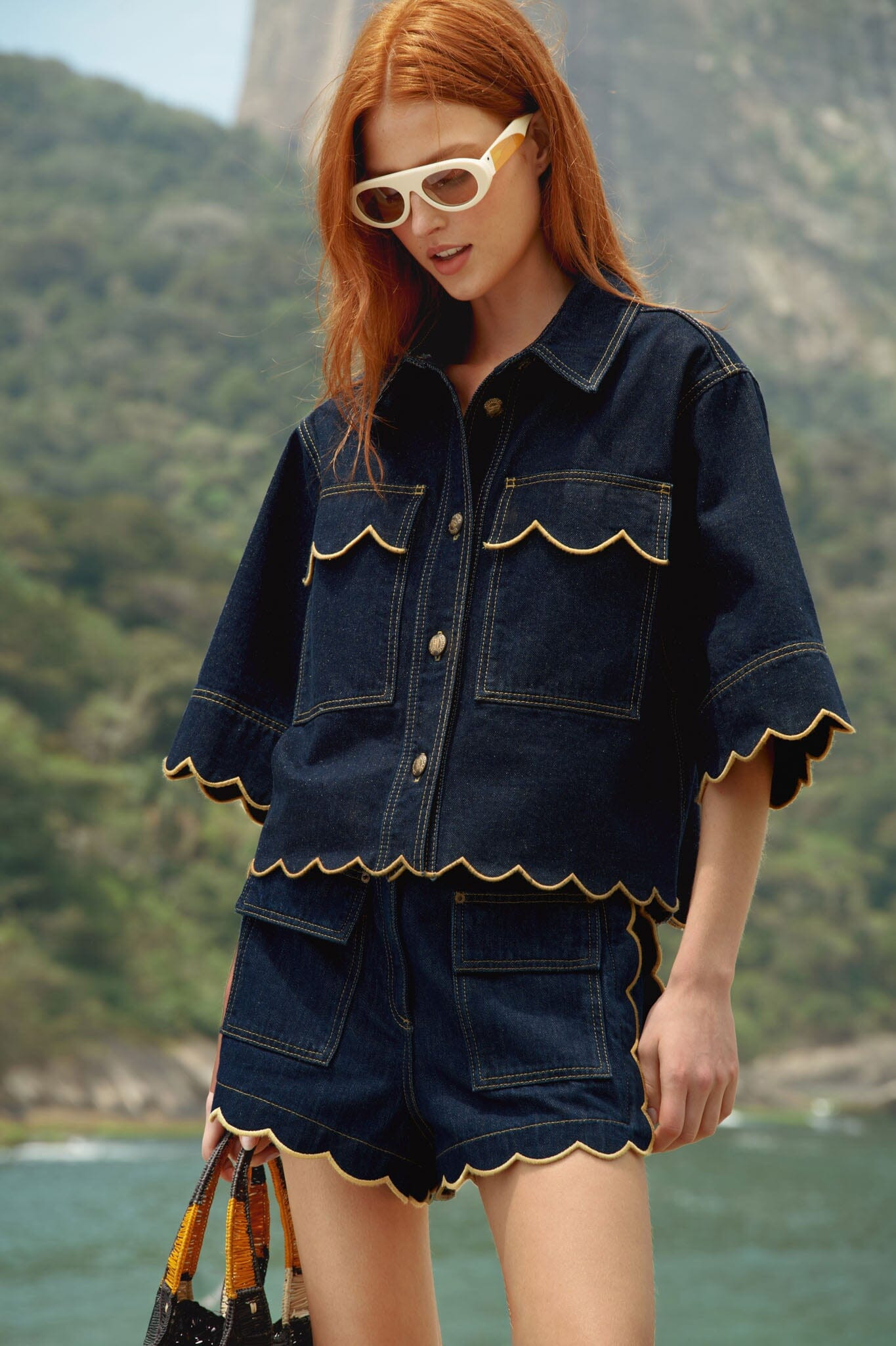 Dark Denim Wavy Hem Short Sleeve Shirt | FARM Rio | FarmRio (US)