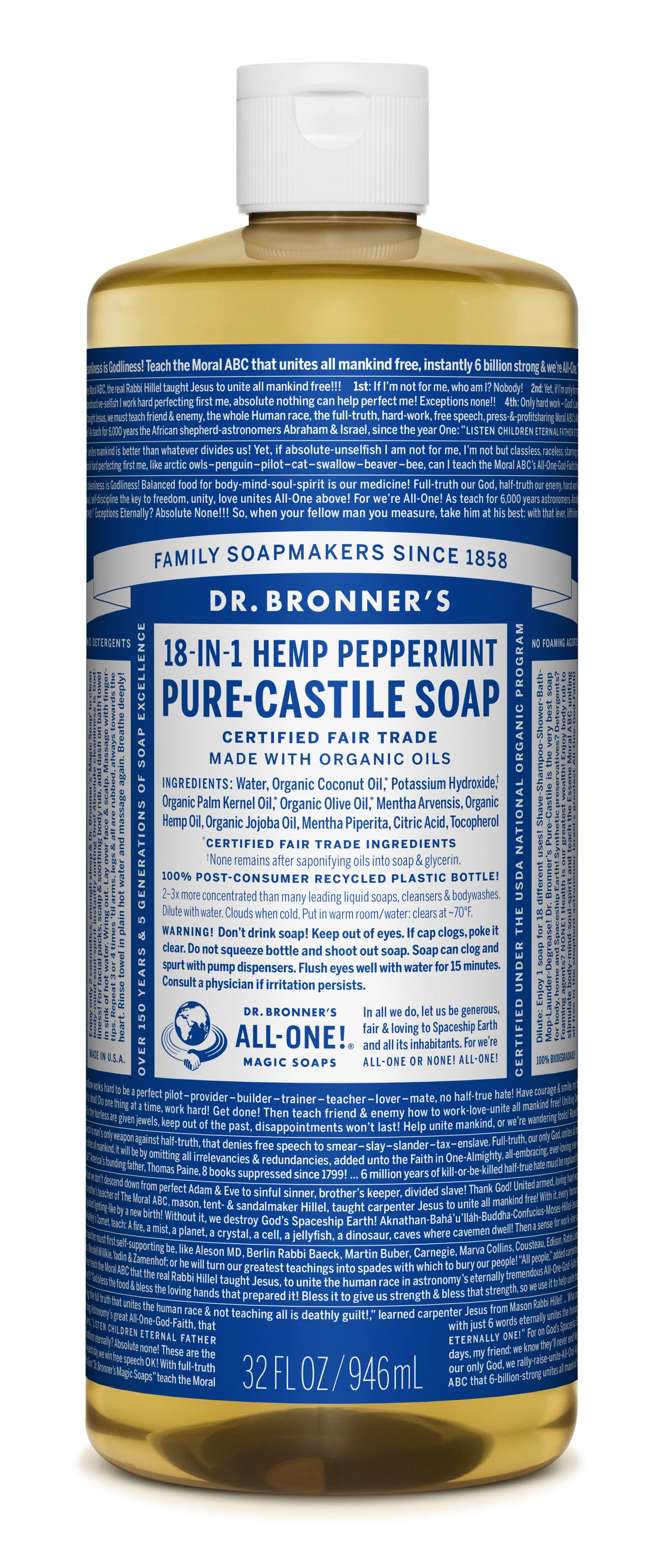 Dr. Bronner's Peppermint Pure-Castile Liquid Soap-32oz | Walmart (US)