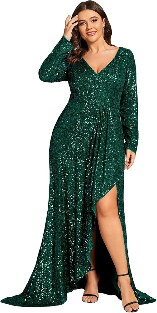 Ever-Pretty Women's V-Neck Sequin Long Sleeve Plus Size Formal Evening Dress 50146 | Amazon (US)