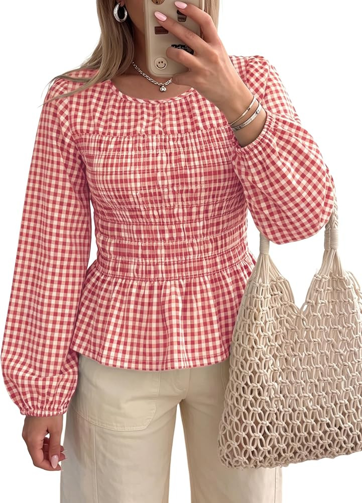 Watashi Women Gingham Smocked Peplum Top Long Sleeve Blouse | Amazon (US)