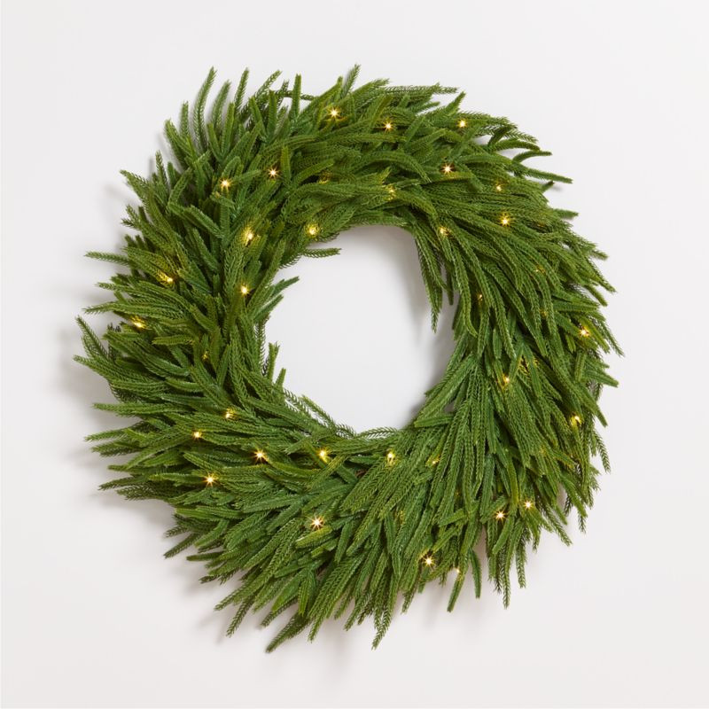 Faux Pre-Lit Norfolk Pine Wreath 28" | Crate & Barrel | Crate & Barrel