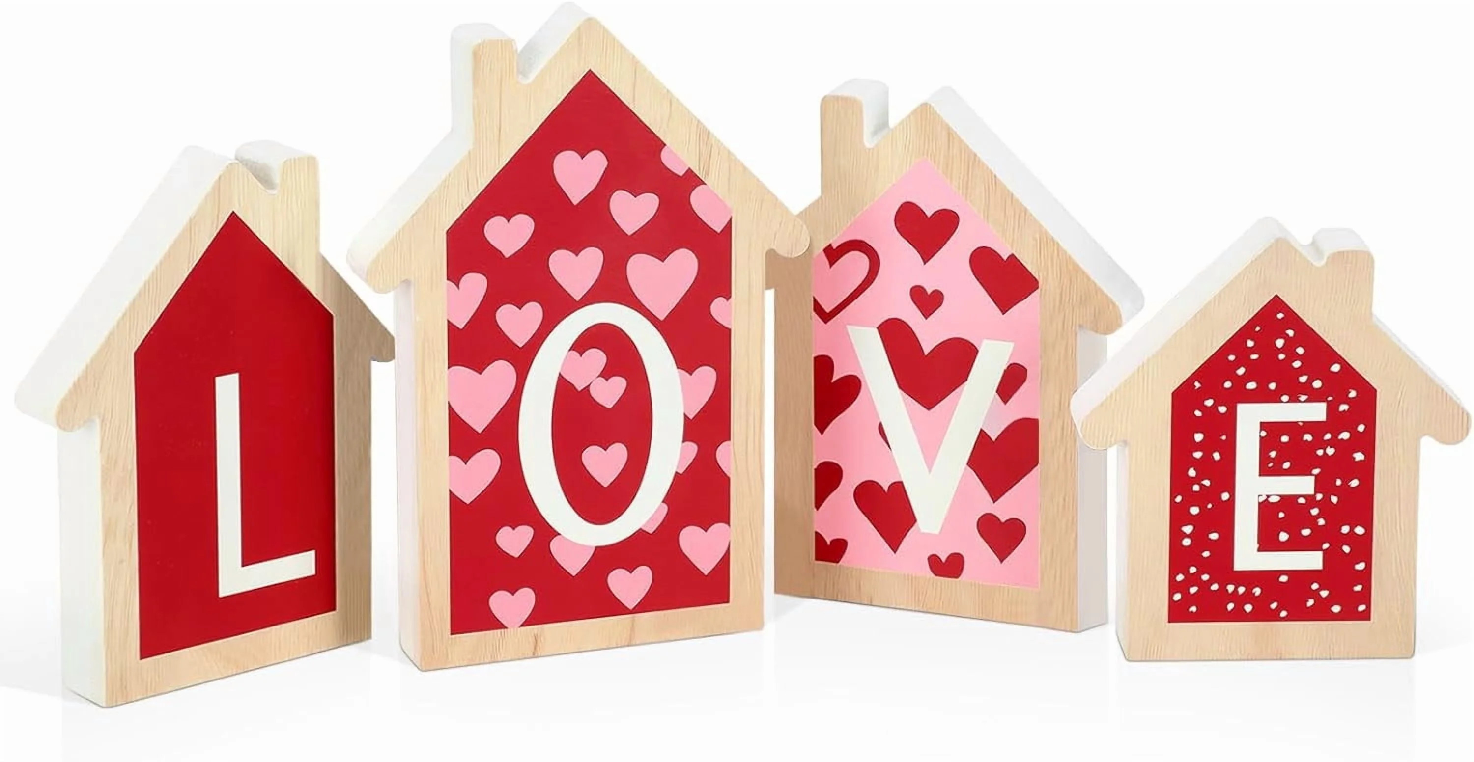 Valentine's Day Decorations - 4-Piece Wooden House-Shaped Sign Set, Red and Pink Wooden Tiered Tr... | Walmart (US)