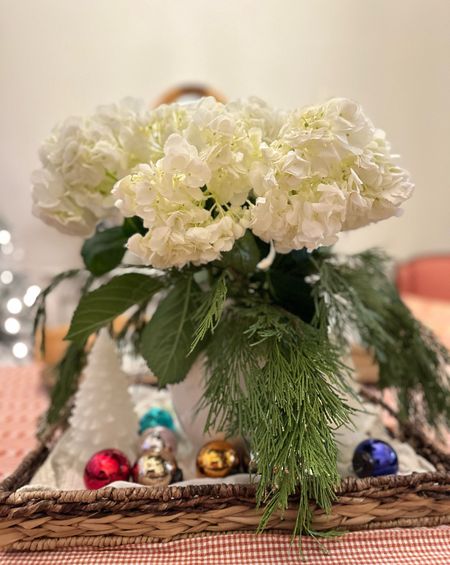 Fresh hydrangeas and Christmas garland make for the prettiest arrangement. 💗

Linked similar items to everything I used, except the ornaments. Those are still in stock. 🎄
Holiday decor, table decor, gift guide for her, Christmas Decor

#LTKhome #LTKHoliday #LTKparties