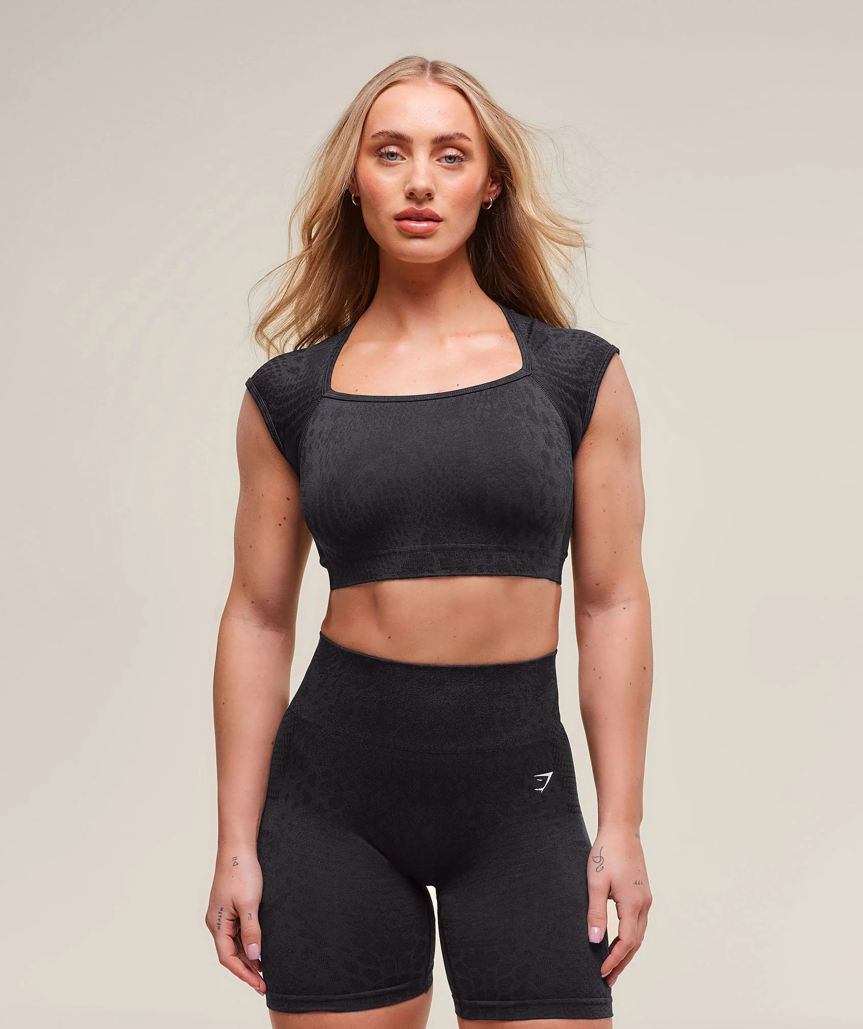 Gymshark Adapt X Whitney Animal Seamless Crop Top - Black/Asphalt Grey | Gymshark US