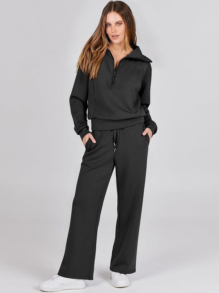 ANRABESS Women\u2019s 2 Piece Outfits Half Zip Sweatshirt & Wide Leg Pants Airport Travel Lounge ... | Amazon (US)