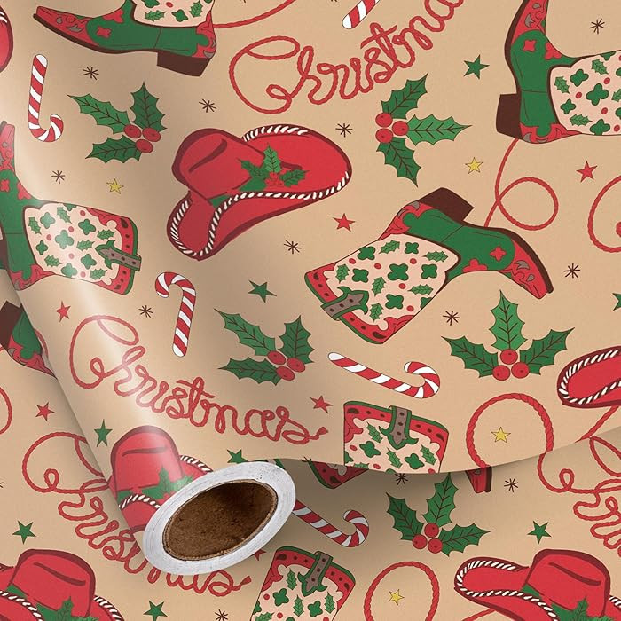 LeZakaa Christmas Wrapping Paper Roll, Western Cowboy Boot, Hat Holly Candy Cane Holiday Pattern ... | Amazon (US)