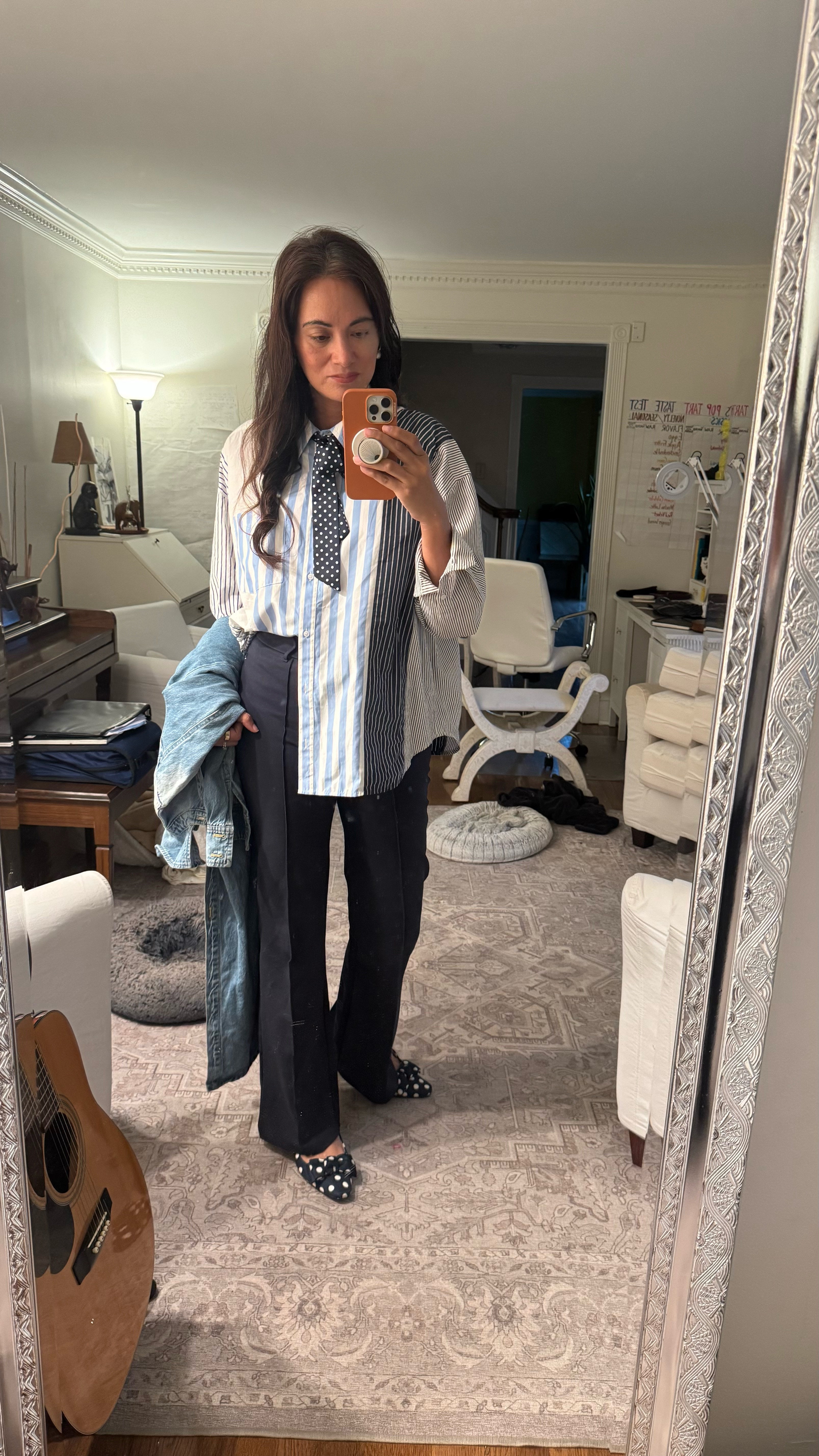 Worked from home for 14 years, but now I’m heading to the office 3x / week. LOOK. I  bought pants that aren’t sweats. 

Pants: @onequince
Shirt: @essentielantwerp via @nuuly
Flats: @boden 
Lady bow tie: @amazonfashion 

#LTKFindsUnder50 #LTKWorkwear #LTKOver40