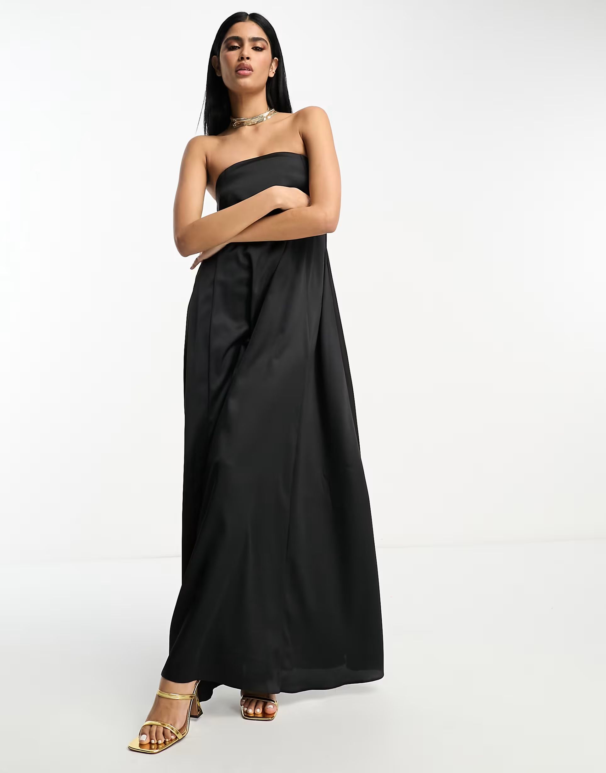 ASOS DESIGN satin bandeau trapeze maxi dress in black | ASOS (Global)