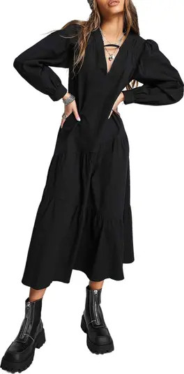 Topshop Chuck Long Sleeve Textured Stretch Cotton Poplin Dress | Nordstrom | Nordstrom