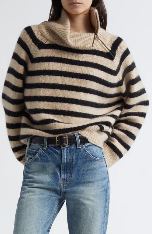 Nili Lotan Raelynn Stripe Turtleneck Cashmere Sweater in Parchment/Black Stripe at Nordstrom, Size Medium | Nordstrom