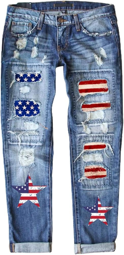 Astylish Womens Plaid Patch Ripped Boyfriend Distressed Stretch Skinny Denim Jeans with Hole | Amazon (US)