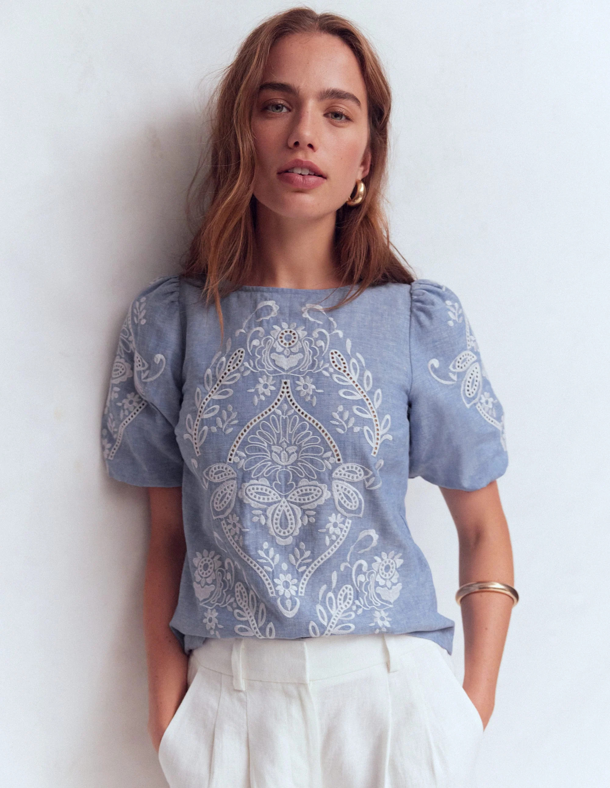 Linen Puff Sleeve Top-Chambray | Boden (US)