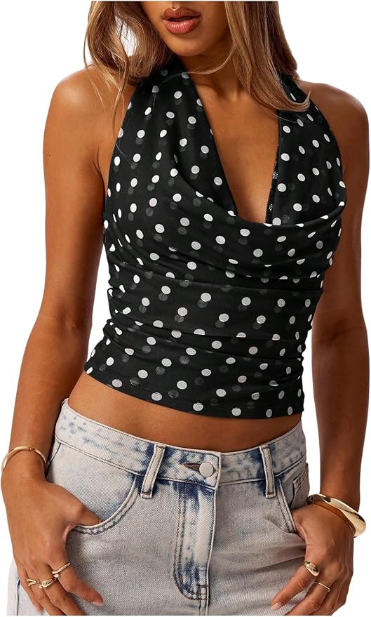 MakeMeChic Women's Polka Dots Halter Top Cowl Neck Going Out Tops | Amazon (US)