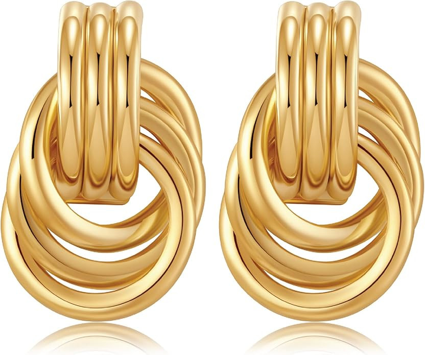 14K Gold Plated Chunky Gold Earrings for Women Knot Link Circle Statement Drop Dangle Earrings St... | Amazon (US)