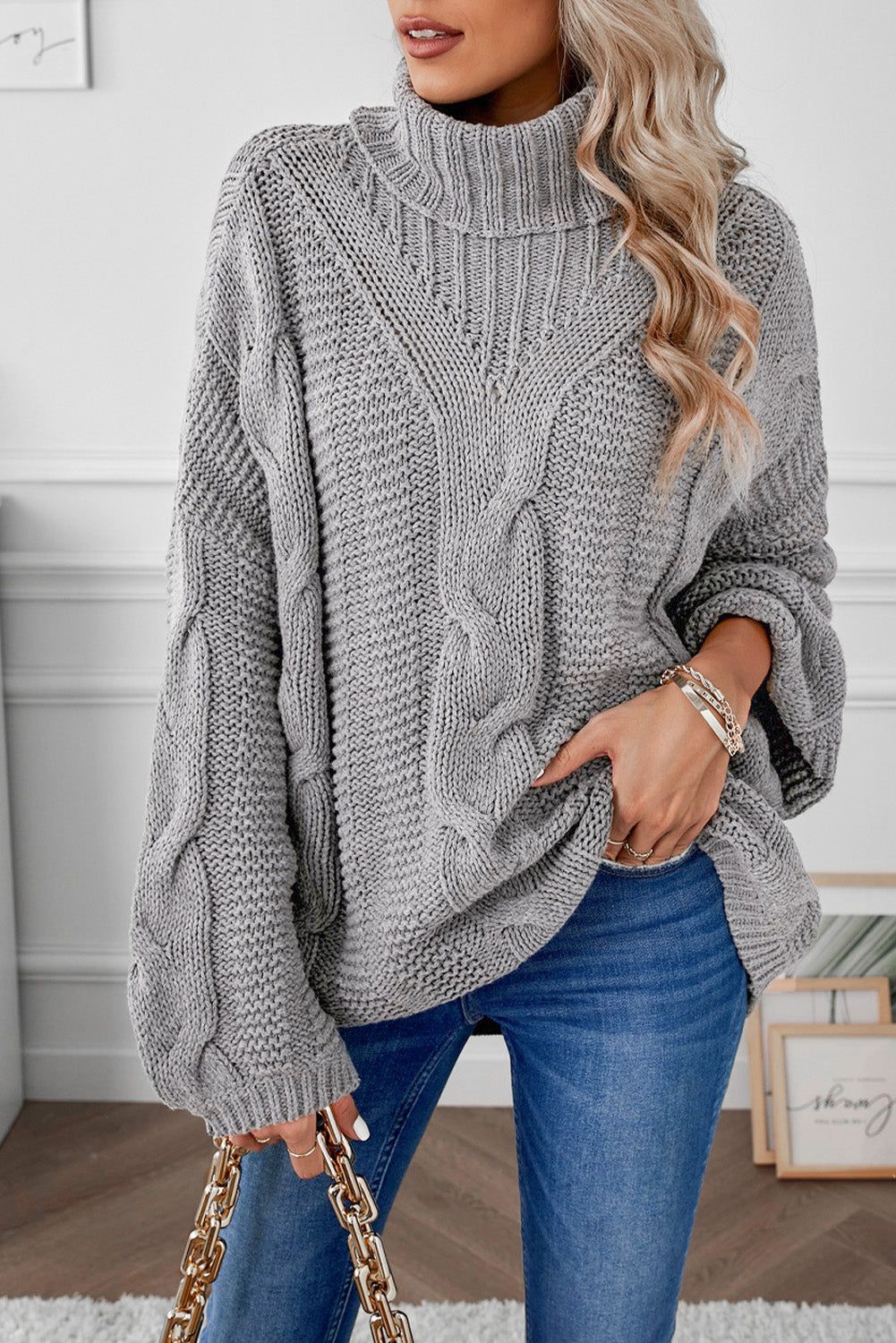 Gray Oversize Turtleneck Textured Sweater | Evaless