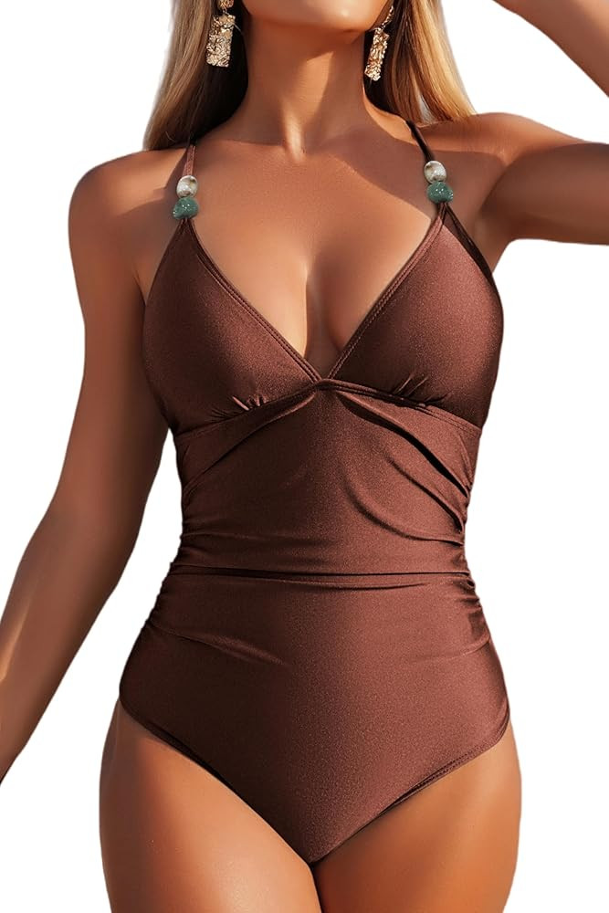 Women's One Piece Swimsuit Tummy Control with Beaded Straps Sexy Deep V Neck Crisscross Back Tie ... | Amazon (US)