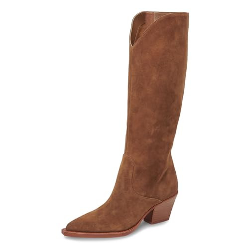 Yishaweiqi Suede Knee High Boots for Women Chunky Heel Cowgirl Boots Snip Toe Cowboy Boots Wide Calf Tall Boots Side Zipper Casual Long Boots Fall | Amazon (US)