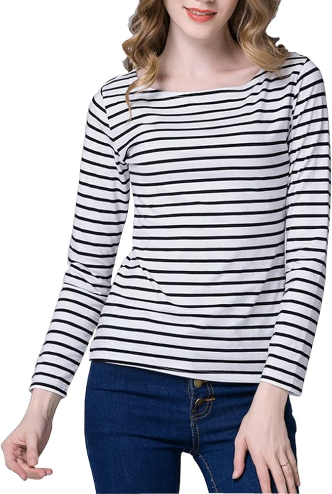 Tulucky Women's Casual Long Sleeve Shirts Stripe Tees Round Neck Tank Tops | Amazon (US)