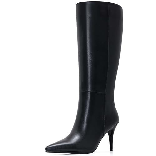 Black Stiletto Boots Pointed Toe Tall Leather Knee High Boots For Women Heeled Sexy Side Zipper Size 11 | Amazon (US)