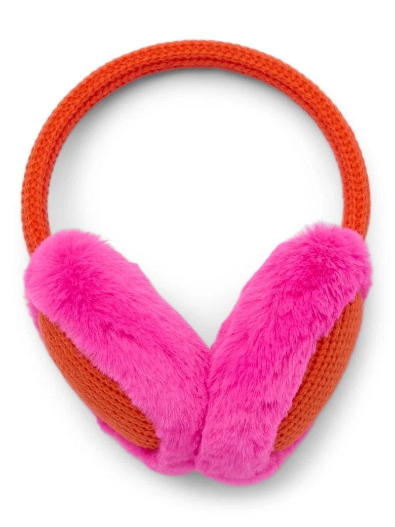 No Boundaries Women's Rib Knit Winter Earmuffs with Faux Fur Trim, Orange | Walmart (US)