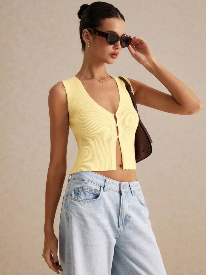 Poéselle Women's Solid Color V-Neck Single-Breasted Casual Knitted Vest,Tops For School | SHEIN