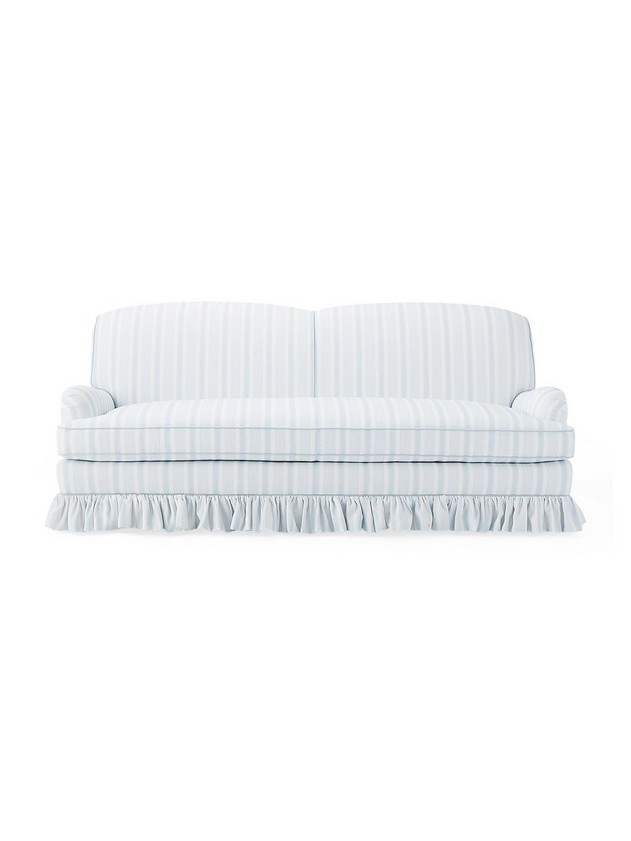 Miramar Sofa with Ruffle – French Stripe Sky with Washed Linen Sky Pipe | Serena and Lily