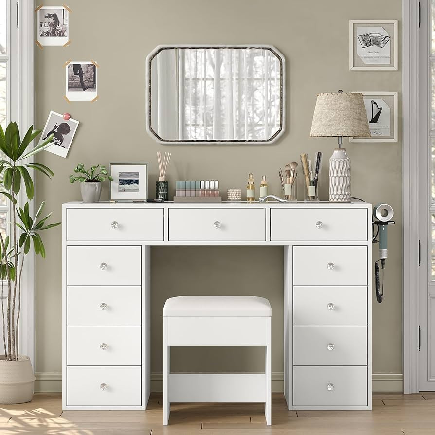 Vanity Desk Without Mirror, Makeup Vanity with 11 Drawers and Charging Station, White Vanity with... | Amazon (US)