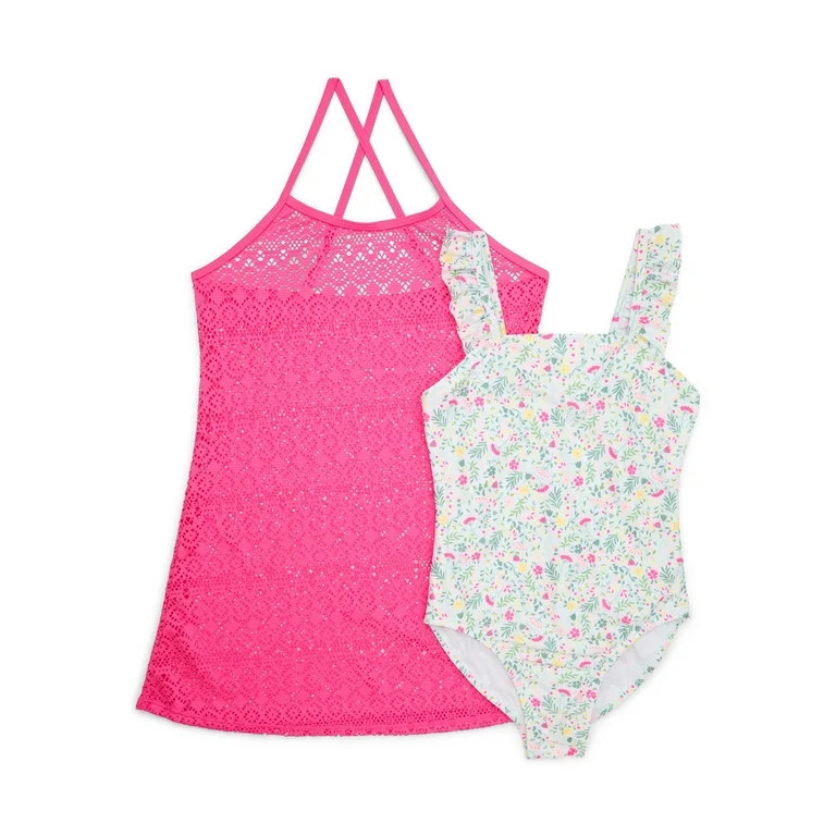 Wonder Nation Girls One-Piece Swimsuit and Cover Up Dress, 2-Piece, Sizes 4-18 | Walmart (US)