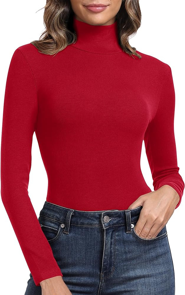 PALINDA Women's Ribbed Turtleneck Fitted Long Sleeve Shirts Basic Thermal Layering Tops | Amazon (US)