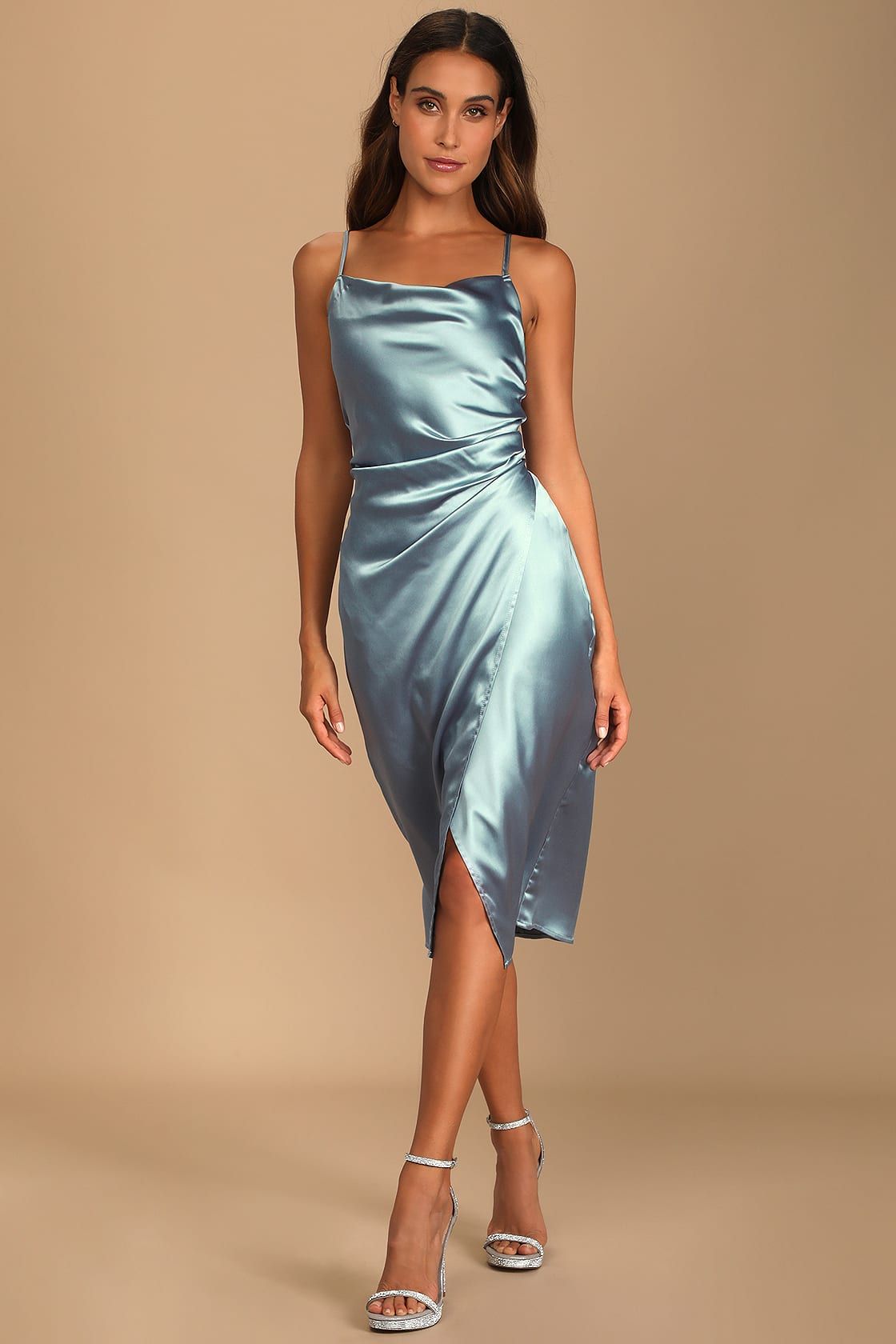 Hollywood Woman Dusty Blue Satin Midi Dress | Lulus (US)