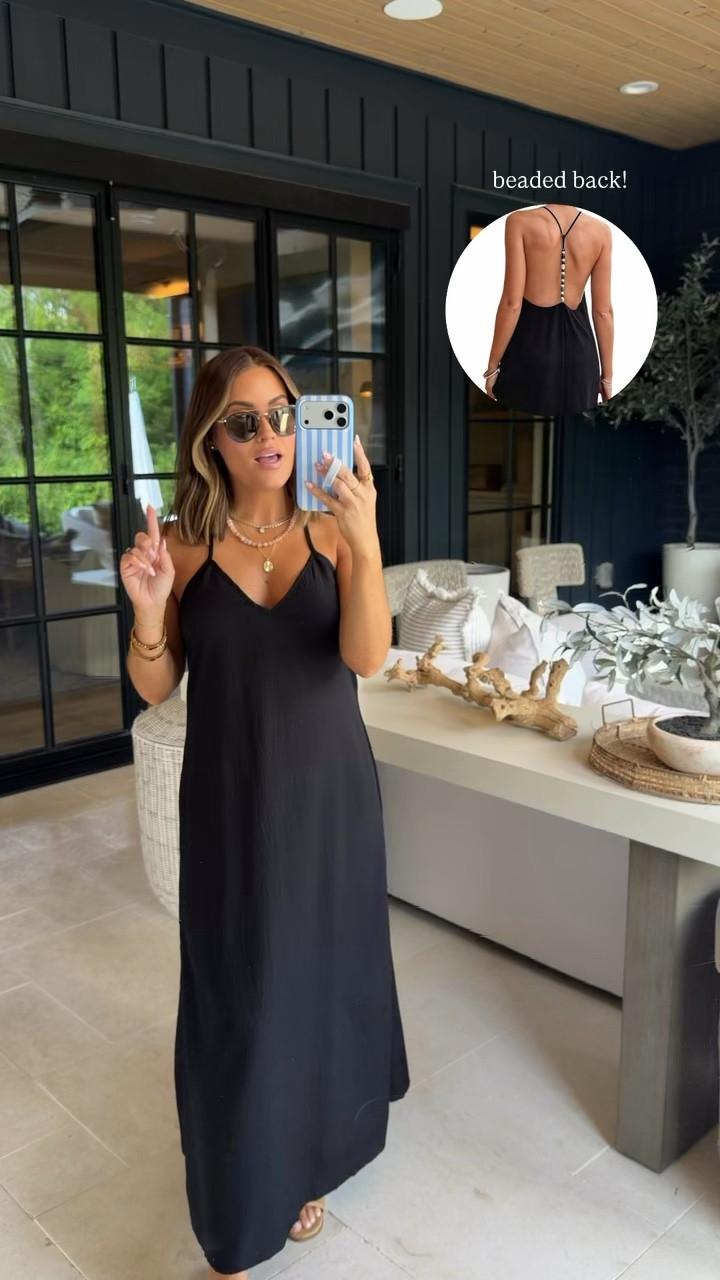 Wearing a small in this black maxi- has a unique style in the back with the beads! Would be so cute dressed up with a fun bag or clutch, a chunky seashell necklace, etc! It’s so easy to dress up a black dress to make it more chic & elevated. I love this for another beach/resort date night option, summer date nights, etc! I’m 18 weeks pregnant & it’s also very bump friendly! 

#LTKSeasonal #LTKootd #LTKBump