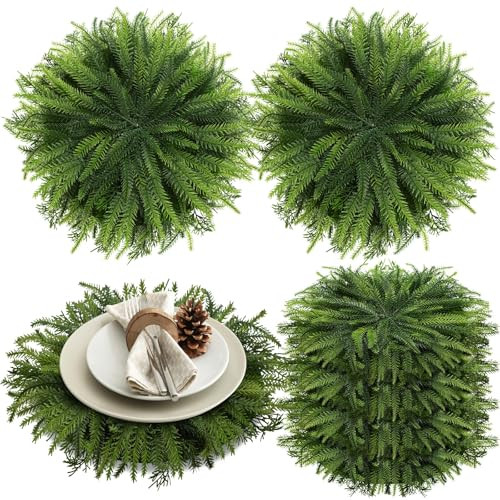 Teenyyou 6 Pcs Christmas Placemats Set, 15 inch Large Norfolk Pine Placemats Round Artificial Xmas Place Mats Washable Winter Seasonal Table Decoration for Holiday Party Dining (Norfolk Pine, Green) | Amazon (US)