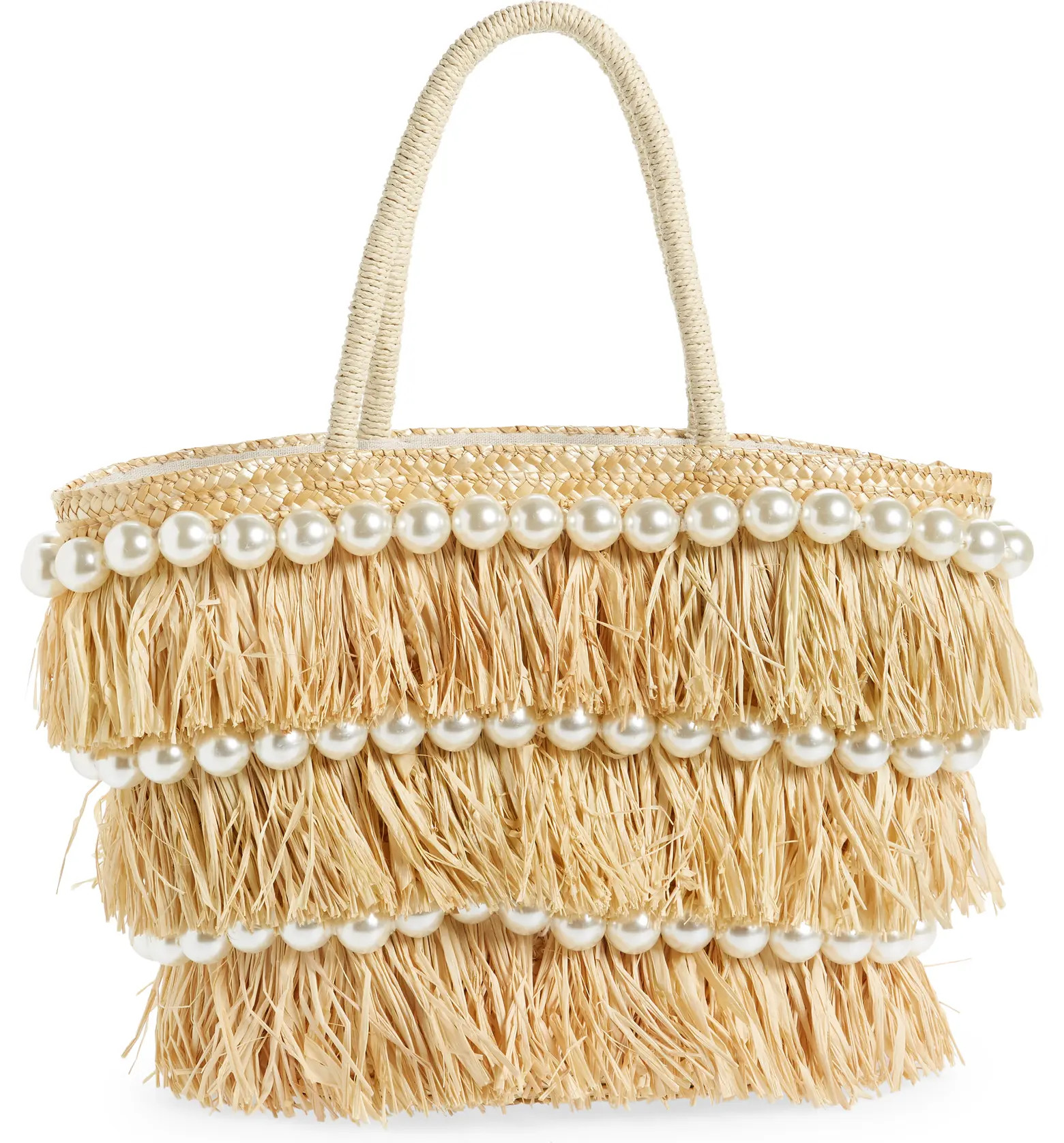 Olivia Raffia Fringe & Imitation Pearl Tote | Nordstrom