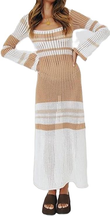 NUFIWI Print Knit Bodycon Dress for Women Y2K Green Hollow Out Midi Dresses Sleeveless 2021 Summe... | Amazon (US)