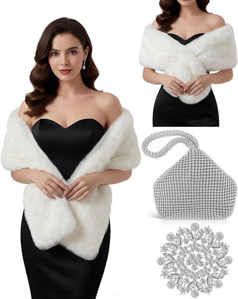 3 Pcs Winter Faux Fur Shawl Wrap, Glitter Evening Bag, Crystal Brooch Pin Set Women's 1920 Access... | Amazon (US)