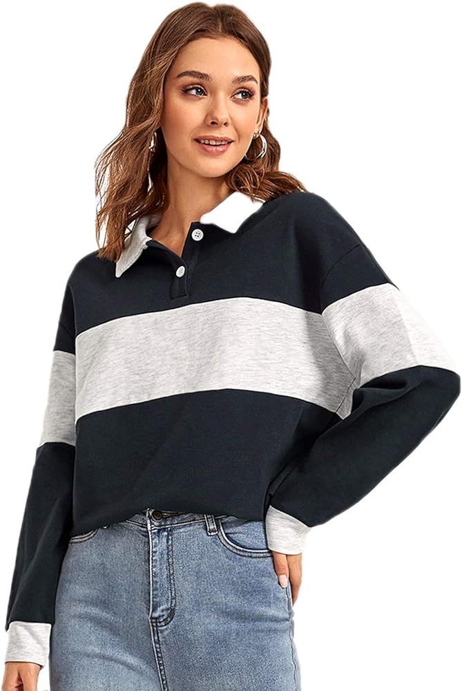 Verdusa Women's Polo Collar Colorblock Button Front Long Sleeve Sweatshirt | Amazon (US)