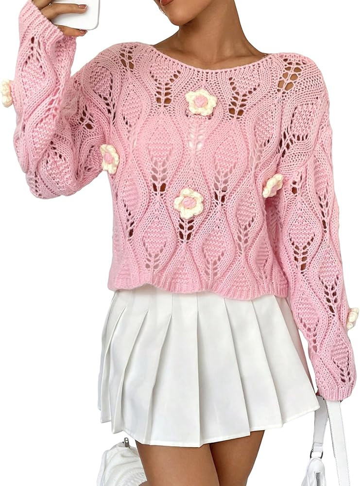 SHENHE Women's Sheer Pointelle Knit Flower Decor Cute Loose Crewneck Sweater Top | Amazon (US)