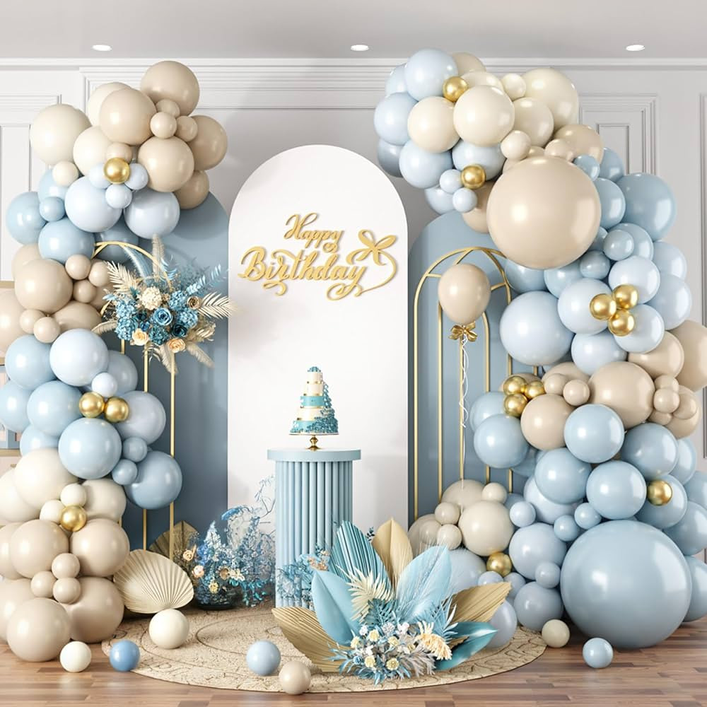 Dusty Blue Balloon Arch Kit,122Pcs Light Blue Sand White Metallic Gold Matte Balloons for Kids Bo... | Amazon (US)