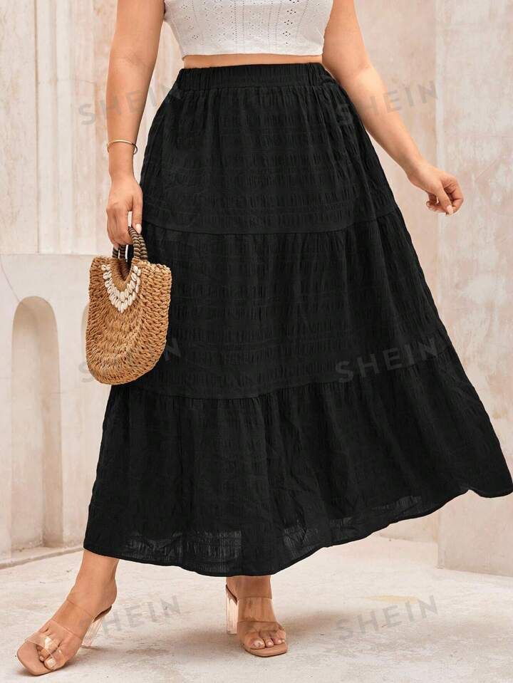 SHEIN CURVE+ Plus Size Black Woven Loose Maxi Skirt With Layered Hem | SHEIN USA | SHEIN