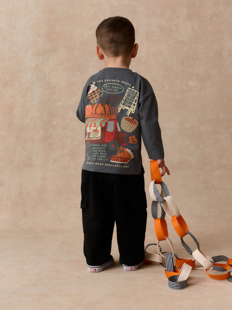 Charcoal Grey Autumn Pumpkin Truck Long Sleeve Back Graphic T-Shirt (3mths-7yrs) | Next US