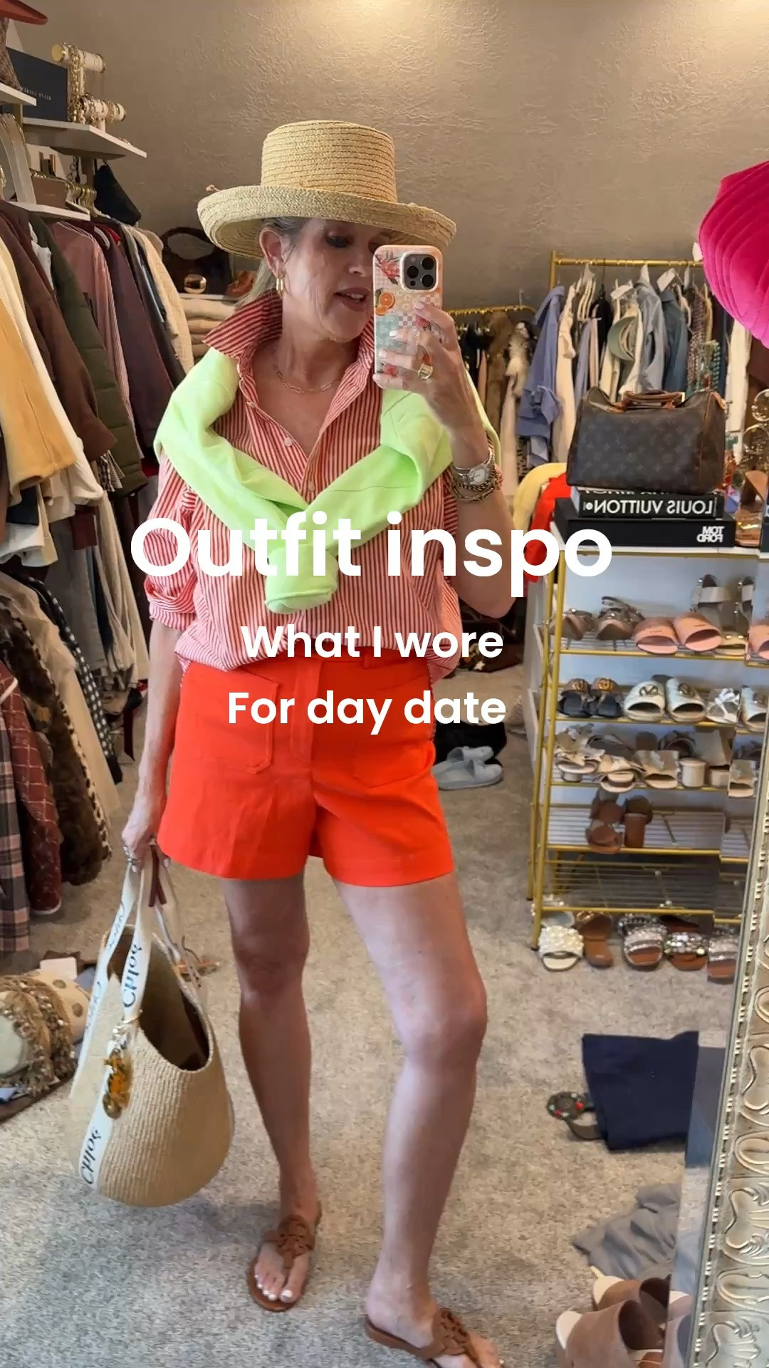 Outfit inspo🍋‍🟩🍊

What I wore on a day date with hubby

A fun color mix
Orange 🍊 and a pop of Line 🍋‍🟩

Spanx is always a go to for me..Great classic pieces with an amazing fit.. 
🚨Save 15% with my code
Deardarcyxspanx 

1. Crew neck sweatshirt fits tts
In a med and comes in several colors but I love the zest 🍋‍🟩lime color for a pop

2. Orange and white stripe button up .. so good  I have in two colors wearing a med fits tts 

3. Shorts - front patch pockets 5 inch short.. stretchy comfortable and fit tts I am in the med and there’s room:) 

Straw hat Gigi pip (old) linked very similar and a better price

Chloe straw tote bag I’ve used on repeat for years (best investment piece) 

Bag charms-sea horse and sea shells  $10 and so lux looking 

Tory Burch Millers sandals …
I love these and I wear all summer long and have for years.. I have 5 colors there so good.. another great investment 

Gold hoops/ gold paper clip chain.. mine are both 24k gold.. I linked similar not real gold 

Happy Saturday

#LTKootd #LTKOver40 #LTKgrwm