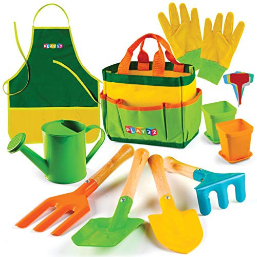 Play22 Kids Gardening Tool Set 12 PCS - Kids Gardening Tools Shovel Rake Fork Trowel Apron Gloves Watering Can and Tote Bag, Toddler Gardening Tools for Kids Best Outdoor Toys Gift for Boys and Girls | Amazon (US)