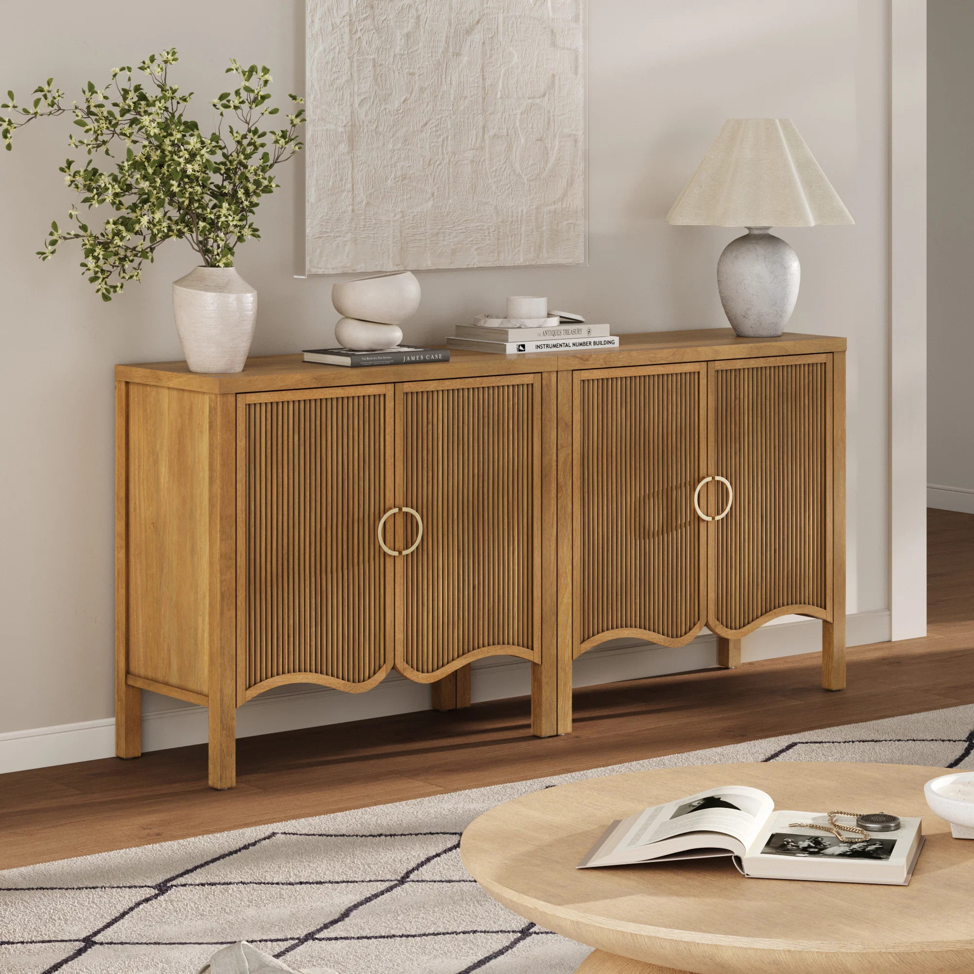 Wood Transitional Fluted Cabinet Credenza Light Brown (Set of 2) | Nathan James