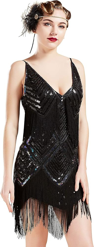 BABEYOND Women's 1920s Flapper Dress V Neck Slip Dress Roaring 20s Great Gatsby Dress for Party | Amazon (US)
