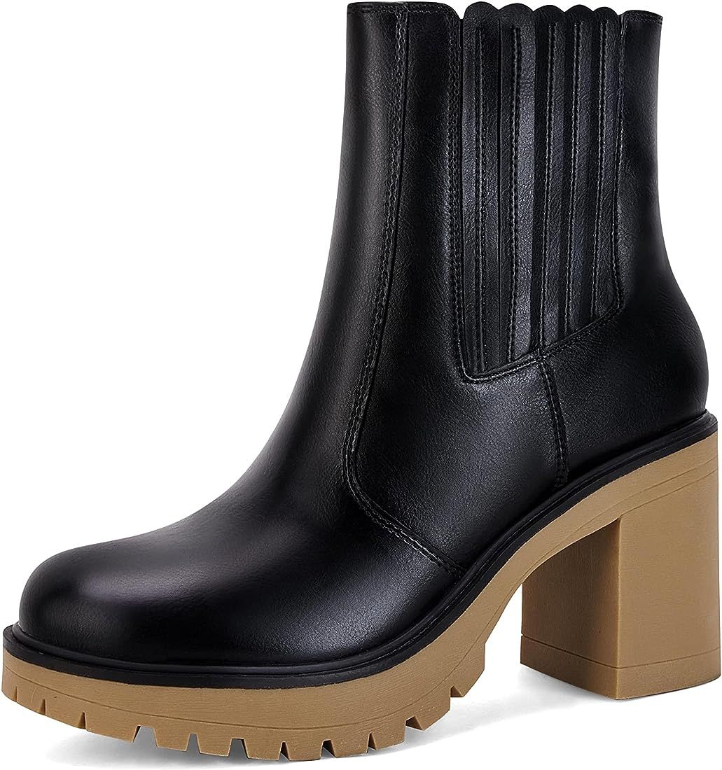 Womens Lug Sole Platform Ankle Boots Elastic Non Slip Chelsea Chunky Block Heels Slip On Fashion ... | Amazon (US)