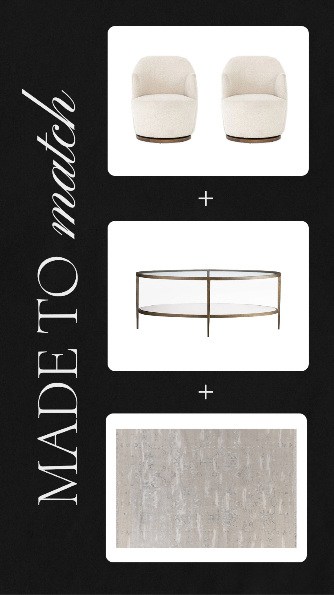 Transitional living room combination- creamy swivel chairs, oval glass coffee table, and beige area rug 

#LTKhome