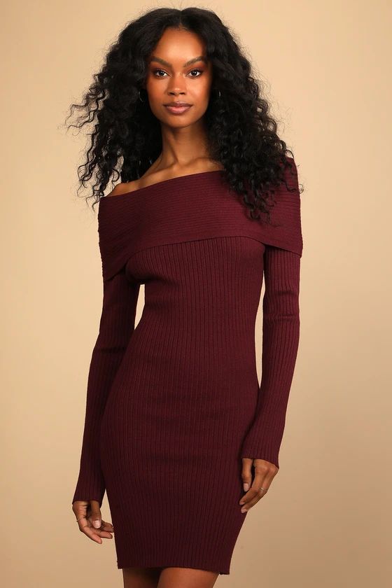 Wonderfully Cozy Burgundy Ribbed Off-the-Shoulder Sweater Dress | Lulus (US)