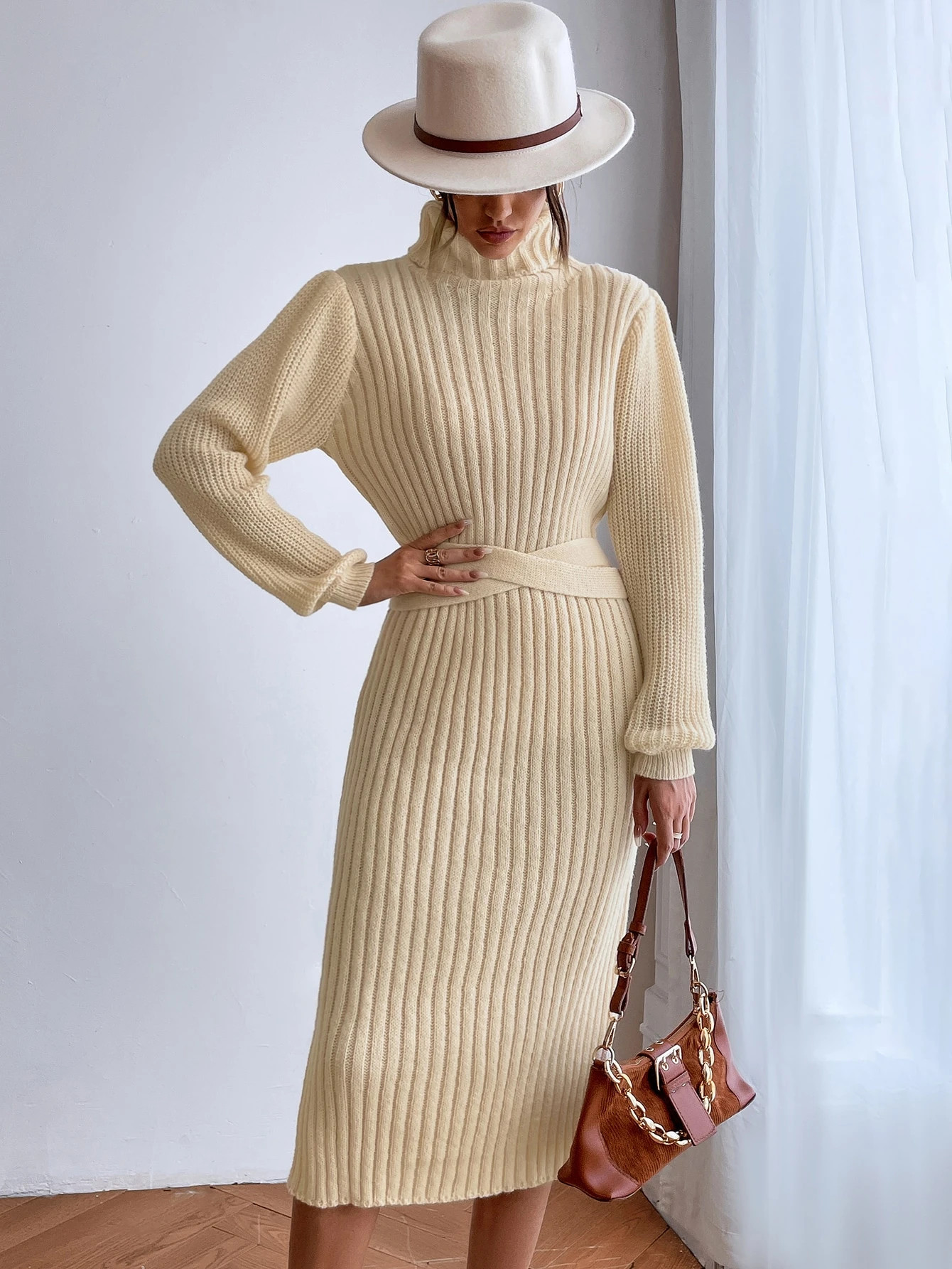 Turtle Neck Slit Hem Belted Sweater Dress | SHEIN