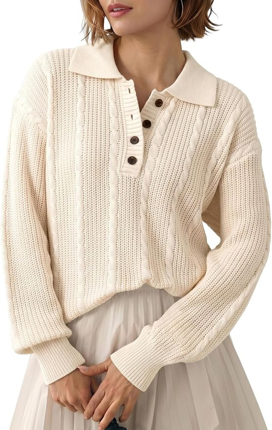Dokotoo Sweaters for Women Button Polo Lapel Collar Cable Knit Sweater Tops | Amazon (US)