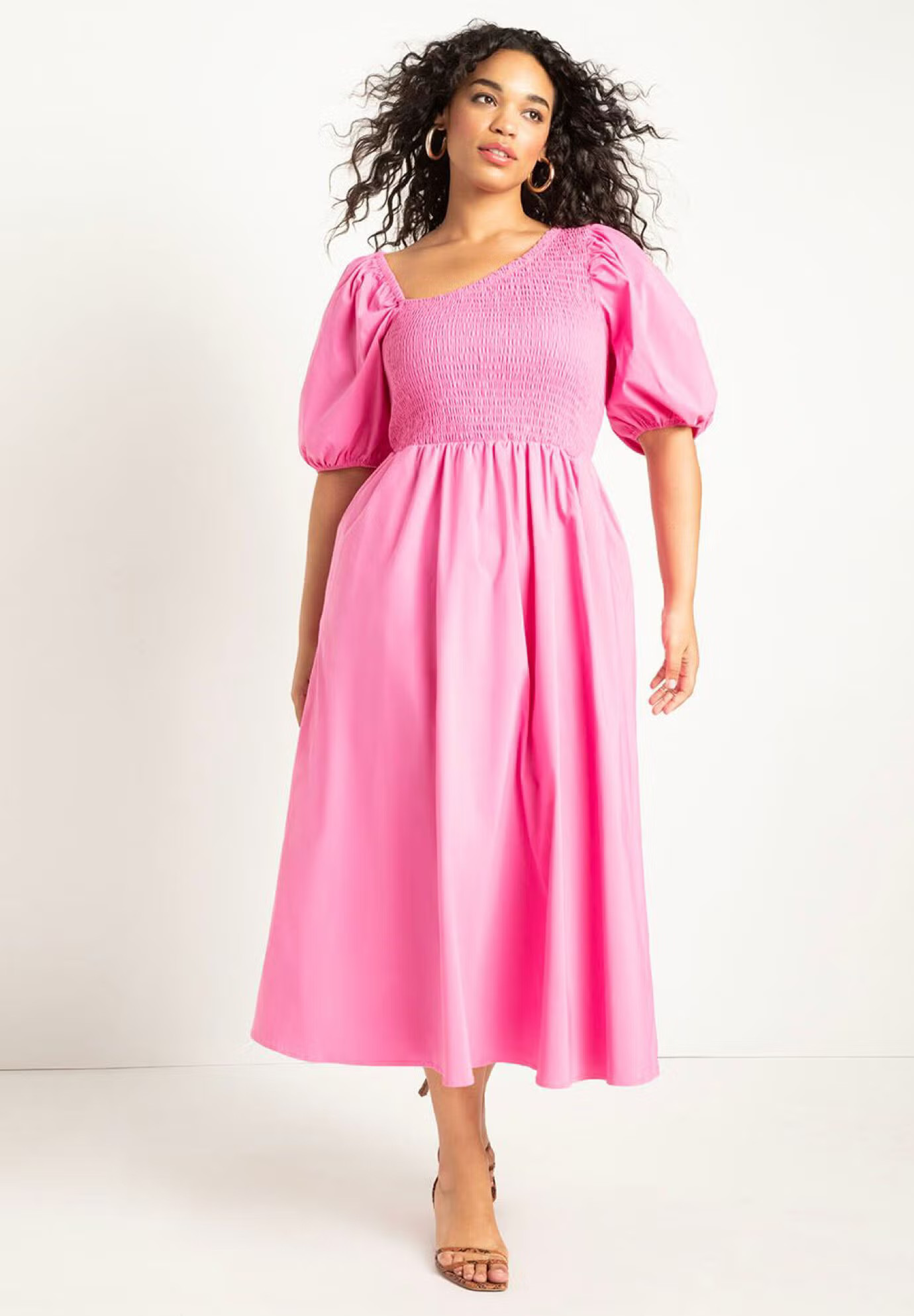 Smocked Bodice Asym Neck Dress | Eloquii
